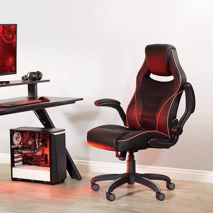 OSP Home Furnishings Xeno Ergonomic Adjustable Faux Leather Gaming Chair with Integrated Headrest and Airflow Cooling Material Black with Red Accents