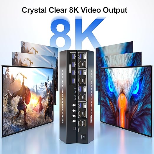 8K@60HZ 4K@120Hz HDMI KVM Switch 2 Monitors 4 Computers with 4 Port USB 3.0 Hub 4 Port Dual Monitor HDMI KVM Switch for 4 Computers Share 1 Set of Keyboard Mouse and 2 Monitors