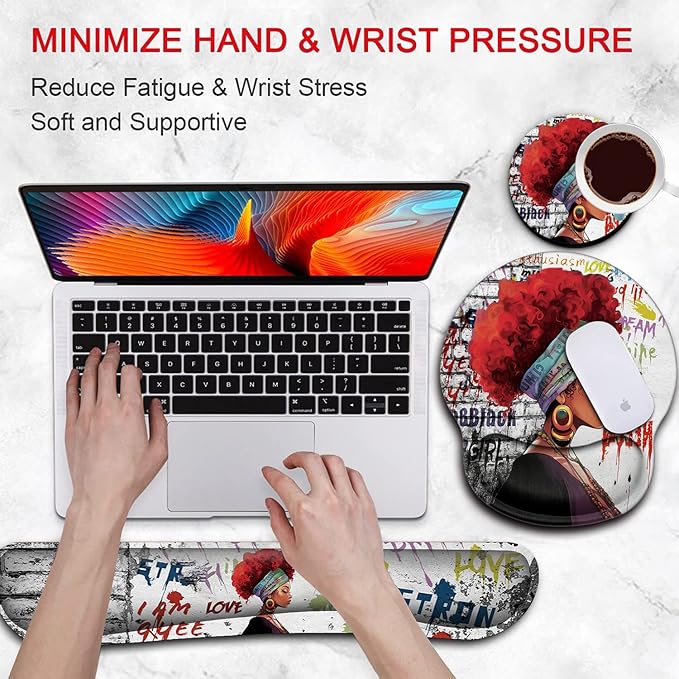 Ergonomic Mouse Pad Wrist Support Gel and Keyboard Wrist Rest Set African Graffiti Girls with Red Hair Design for Laptop Gaming and Office Comfortable and Pain Relief + Coaster