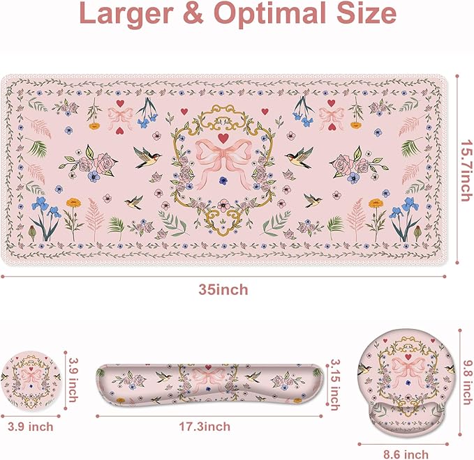 Romantic Pink Floral Mouse Pad XXL Large Desk Mat Extended Reading Desk pad 4PCS Non-Slip Rubber Base Computer Big Mousepads for Work Game Office Home Decor Gifts Accessories I Cute Collection