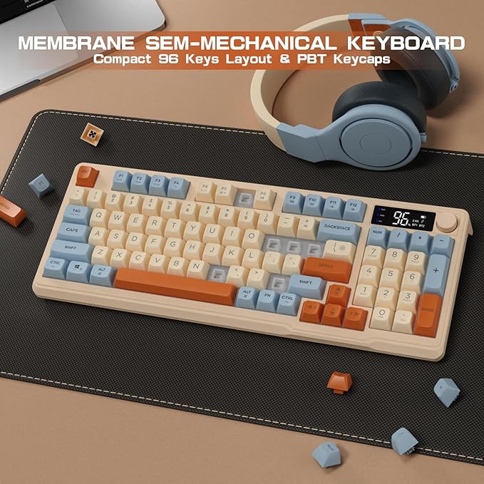 LexonElec M96 Wireless Gaming KeyboardKnob Control Bluetooth/2.4G Wireless Mechanical Feeling KeyboardRGB LED Backlit with Display Screen PBT Keycap 3000mAh 94-Key Layout for Win/Mac (Blueberry)
