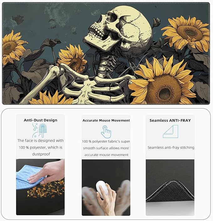 Ergonomic Desk Pad Mat &amp Keyboard Wrist Rest Set 3-in-1 Office Mouse Pad with Memory Foam Support Non-Slip Computer Blotter for Home Gaming &amp Writing 23.6 x 11.8 Sunflower Skull