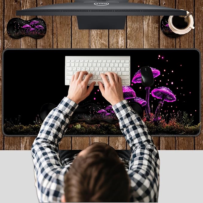 Ergonomic Keyboard Wrist Rest &amp Mouse Pad Wrist Rest SetXL Gaming Desk Mat 31.5x 11.8Non-Slip BaseMemory FoamEasy Typing Pain Relief for Office &amp HomeNeon Purple Mushrooms