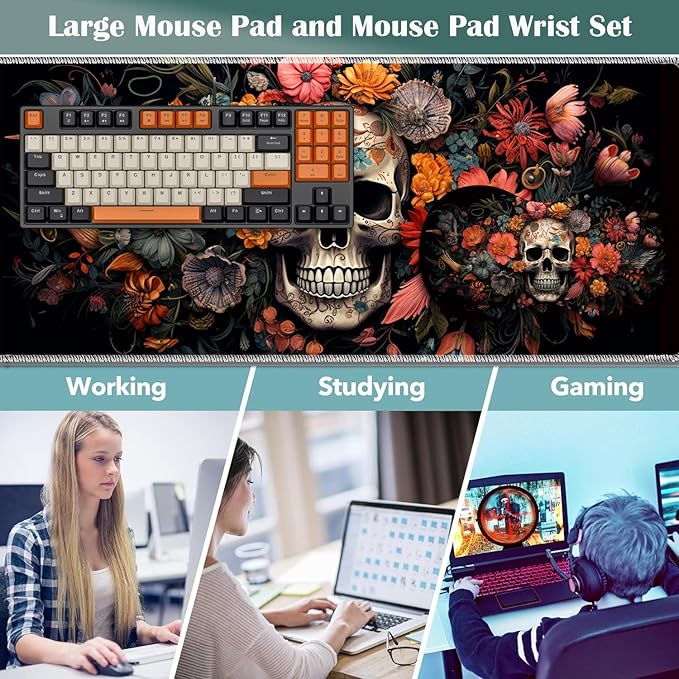 Large Game Mouse Pad + Wrist Support Pad + Coffee Coaster Desk Pad with Sewn Edges Anti-Slip Set pad Suitable for Office Work and Home - Skeleton Flower Skull