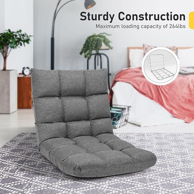 MAT EXPERT 14-Position Floor Chair Floor Gaming Chair w/Resilience Sponge Alloy Steel Frame Padded Bed Couch Recliner Floor Chair with Back Support for Reading Meditating (Gray)