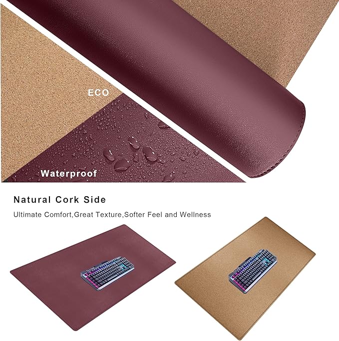 Mydours Dual-Sided Desk Pad 40 x 20Large Mouse mats Cork &amp PU Leather for Office and Home Work Waterproof Desk Mats on The Top of Desks (Burgundy)