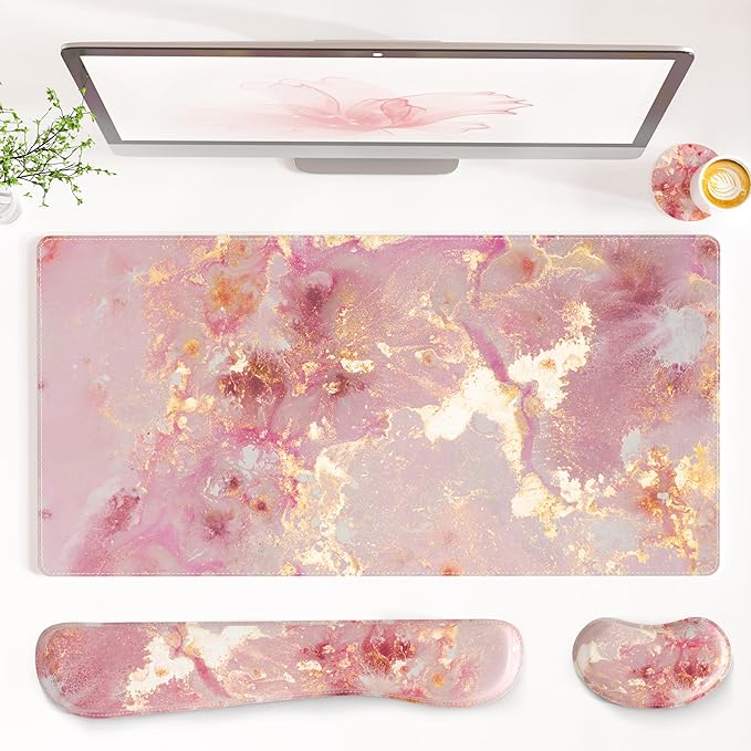 QiyI Leather Desk Mat Set 4-in-1 Large Mouse Pad with Wrist Rest Non-Slip Desk Pad + Keyboard Wrist Rest + Mouse Wrist Support + Coaster Office Desk Accessories Home Decor Supplies Pink Marble