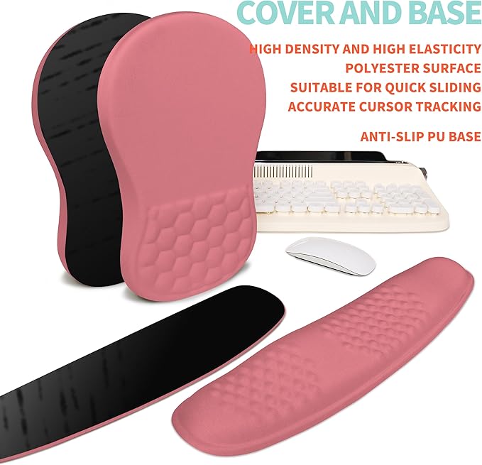 2-in-1 Ergonomic Set Wave Rise Keyboard Wrist Rest and Massage Bulge Slope Mouse Pad Wrist Support Cushion Memory Foam Integrated to Relieve Wrist Pain Muskmelon Pink