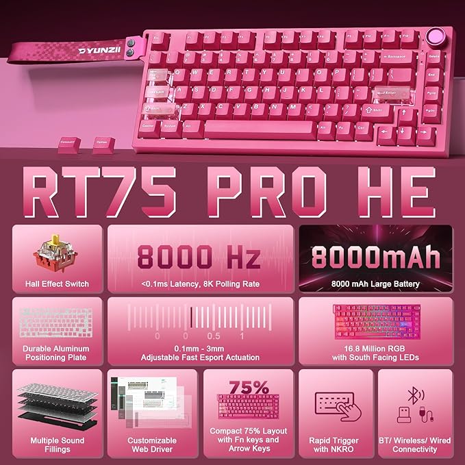 YUNZII RT75 PRO Wireless Gaming KeyboardHall Effect Mechanical Rapid Trigger Magnetic Keyboard Bluetooth/USB-C/2.4G Dual 8KHz Polling Rate &amp128K ScanRGB BacklitTGL/SOCD/DKS/MT (PinkRed Switch)