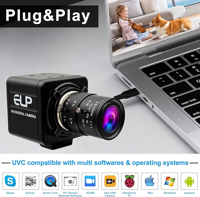 USB Camera - 8MP Security Webcam 4X Optical Manual Zoom Camera 2.8-12mm Adjustable Lens Plug &amp Play for PC Laptop Compatible with Raspberry Pi Windows Mac Linux
