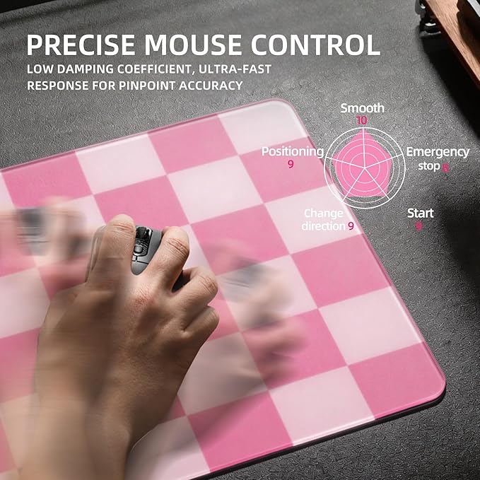 Pink Checkerboard Tempered Glass Gaming Mouse Pad Large Hard Mouse Mat 410mm×310mm Ultra-Smooth Glass Surface for Speed &amp Precision Control