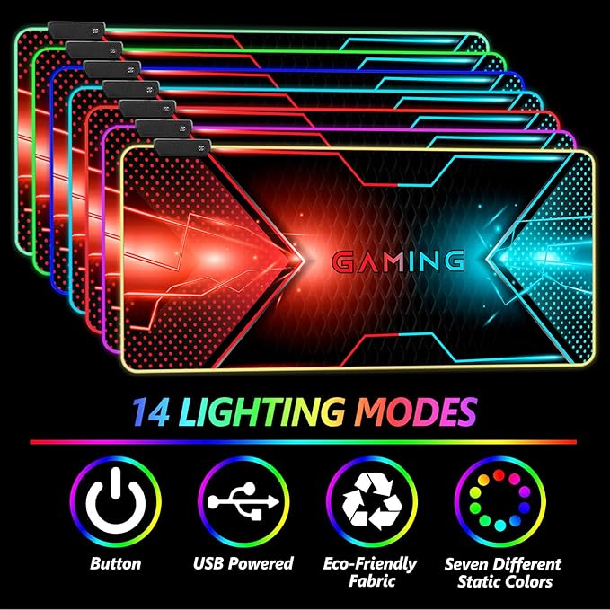 RGB Gaming Mouse Pad DINKY Large Extended Soft Led Mouse Pad with 14 Lighting Modes Water Resist Keyboard Pad Computer Keyboard Mousepads Mat 35.4×15.8 inches-Cool Gaming