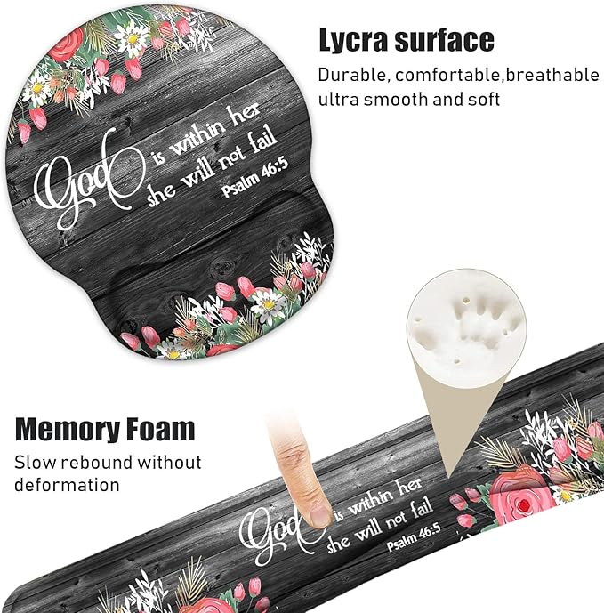 Keyboard Wrist Rest and Mouse Pad Wrist Support Set with Coasters Ergonomic Gaming Mousepad for Home Office Working Studying Easy Typing &amp Pain Relief Floral Quote Bible Verse Psalm 46:5