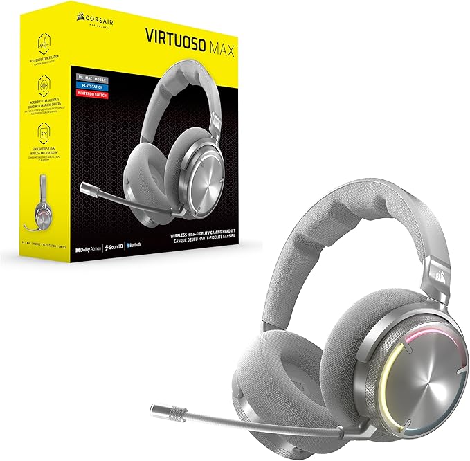 Corsair Virtuoso MAX Wireless Gaming Headset – Dolby Atmos Active Noise Cancelling Sonarworks SoundID Simultaneous 2.4GHz Wireless &amp Bluetooth 50mm Graphene Drivers PC Mac PS5/PS4 – Silver