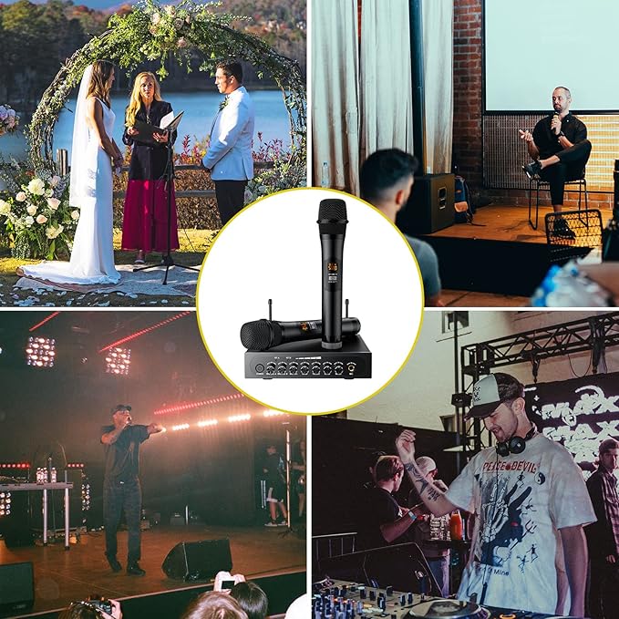 PROZOR UHF Wireless Microphone with Volume Treble Bass Echo Control Wireless Rechargeable Mic Dual Handheld Dynamic Mic System (Bluetooth UHF Base Station – Echo/Treble/Bass Control)