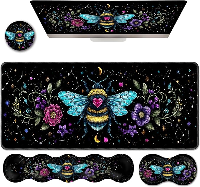 Ergonomic Keyboard Wrist Rest &amp Mouse Pad Wrist Rest SetXL Gaming Desk Mat 31.5x 11.8Non-Slip BaseMemory FoamEasy Typing Pain Relief for Office &amp HomeBee with Flowers