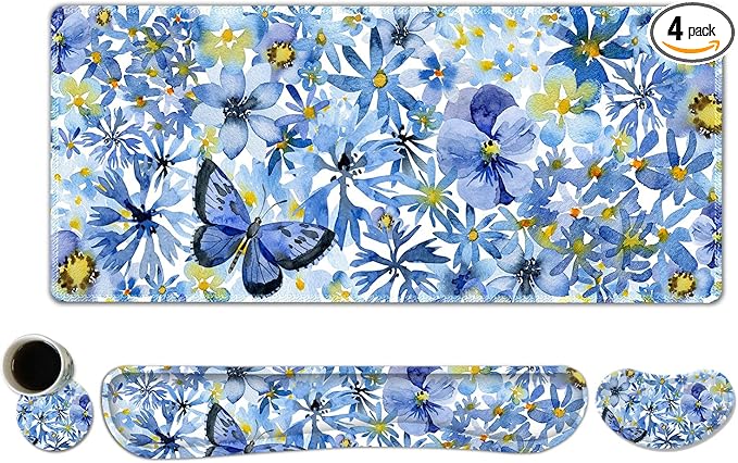 ToLuLu Desk Mat Gaming Mouse Pad Wrist Support 4 in1 Set XXL Large Mouse Pad + Keyboard Wrist Rest + Memory Foam Cushion Mouse Wrist Rest for Pain Relieve + Coaster Computer Butterfly Loves Flower