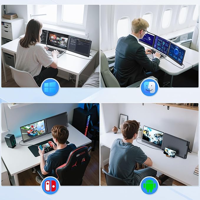 Laptop Screen Extender 14.2 FHD 1080P Triple Portable Monitor for Laptop with Smart Adjustment Button USB-C/HDMI Plug and Play Monitor Extender for Wins/Mac/Android/Switch Fit 13-17 Laptops