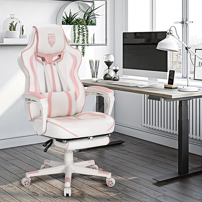 Vonesse Gaming Chair for Girls Pink Computer Gaming Chairs for Adults Reclining Gamer Chair with Footrest with Massage Ergonomic Home Office Chair High Back (White/Pink)