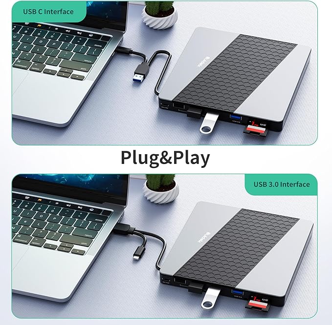 External CD DVD Drive USB 3.0 USB C Portable CD DVD +/-RW Burner DVD Player for Laptop with SD/Micro SD Card Reader 8 in 1 Hub Compatible with Laptop Mac PC Windows Linux