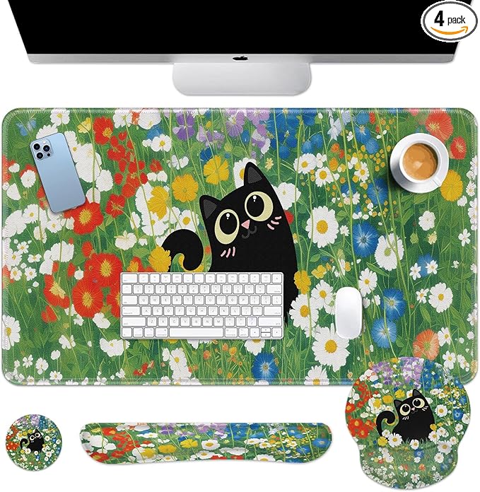 Arttown Red White Blue Flower Desk Mat Cute Black Cat Mouse Pad Set 4 in 1 Ergonomic Design Large Desk Pad + Keyboard Wrist Rest + Mouse Wrist Rest + Coaster Suitable for Home Office Study Game