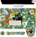 Arttown Red White Blue Flower Desk Mat Cute Black Cat Mouse Pad Set 4 in 1 Ergonomic Design Large Desk Pad + Keyboard Wrist Rest + Mouse Wrist Rest + Coaster Suitable for Home Office Study Game