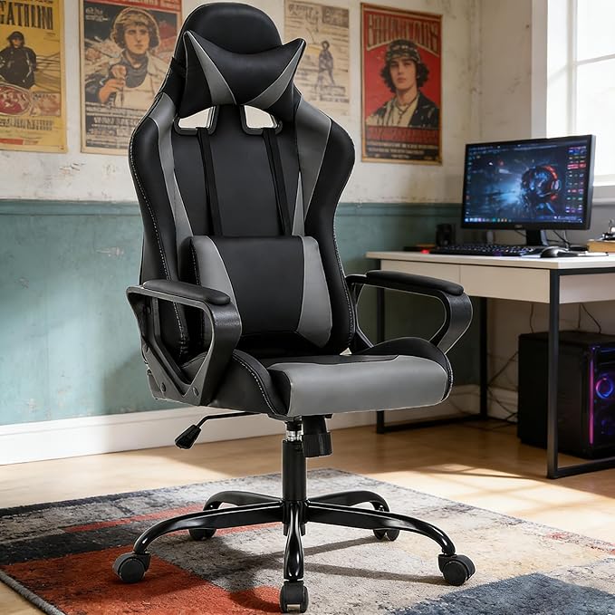 Dkeli PC Gaming Chair Office Chair Racing Desk Chair with Lumbar Support Arms Headrest Massage High Back PU Leather Ergonomic Computer Chair Rolling Adjustable Swivel Chair for Women Men Adult Grey