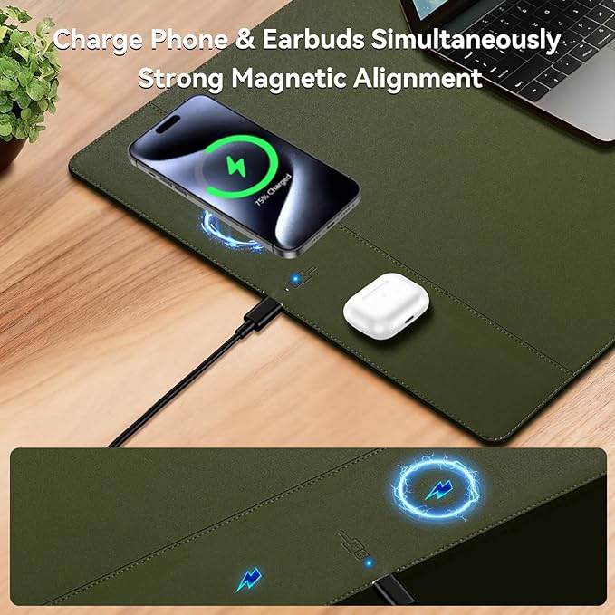 Wireless Charging Mouse Pad 15W Fast Charge Magnetic Charger Desk Pad Large Office Desk Mat (35.4x16.9) with Ultra-Smooth Surface Military Green Computer Mousepad for MacBook PC Laptop