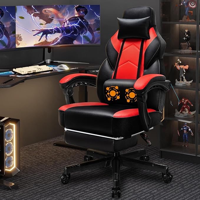 Shintenchi Gaming Chair with Footrest Massage Lumbar Support Height Adjustment and 360° Swivel Seat. Ergonomic Design for Gaming