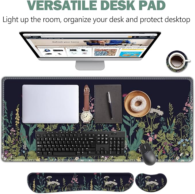 AIMSA Large Gaming Mouse Pad Set Keyboard Wrist Rest Support + Extended Mouse Pad + Mouse Wrist Cushion + Coaster Ergonomic Multifunctional Desk Mat 35x15.7in Anti-Slip Rubber Base (Flowers Plants)