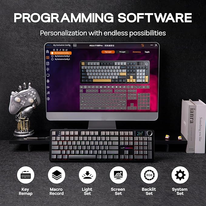 EPOMAKER X Aula F108 PRO Wireless Gaming Keyboard with Screen 8000mAh Battery 104 Hot-Swappable and Programmable Keys and Knob RGB Backlight for Mac/PC/Android (Black Gradient)