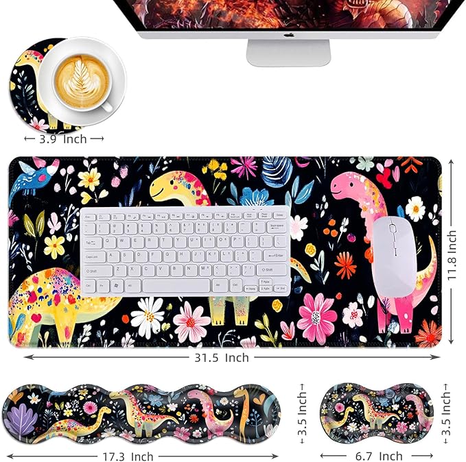 Mouse PadLarge Desk Mat Set 4in1 XL Mousepad + Keyboard Wrist Rest+Mouse Wrist Rest+Coaster with Ergonomic Desk Pad for Home Office Table Computer Cover -Colorful Floral Dinosaurs Art