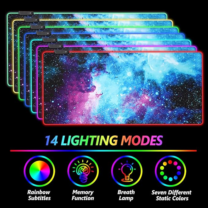 AIMSA RGB Gaming Mouse Pad Extended Large Led Mousepads Non-Slip Rubber Base with 14 Lighting Modes Computer Keyboard Mat Soft Desk pad Waterproof 35.4 x 15.8 inches Galaxy Nebula Universe