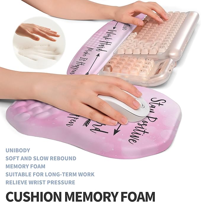 2-in-1 Ergonomic Set Wave Keyboard Wrist Rest and Massage Slope Mouse Pad Wrist Support Rebound Memory Foam for Relieve Carpal Tunnel Syndrome and Wrist Pain (Stay Positive)