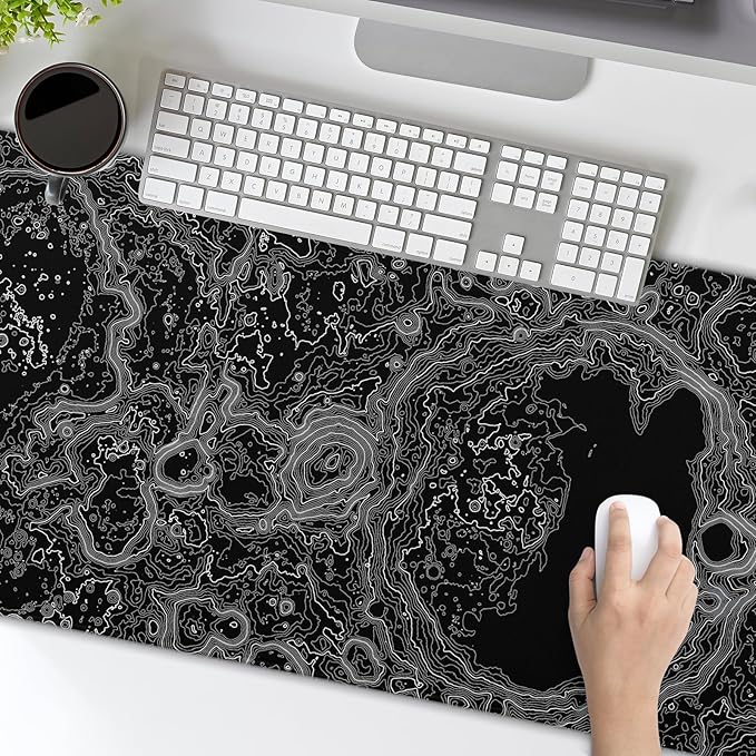 Black Whtie Topographic Gaming Mouse Pad 3XL Topo Moon Relief Map Extended Large Mat Mousepad Desk Pad Non-Slip Rubber Base Stitched Edge Long Mousepad for Desktop Office Desk 47.2x23.6 in120x60cm