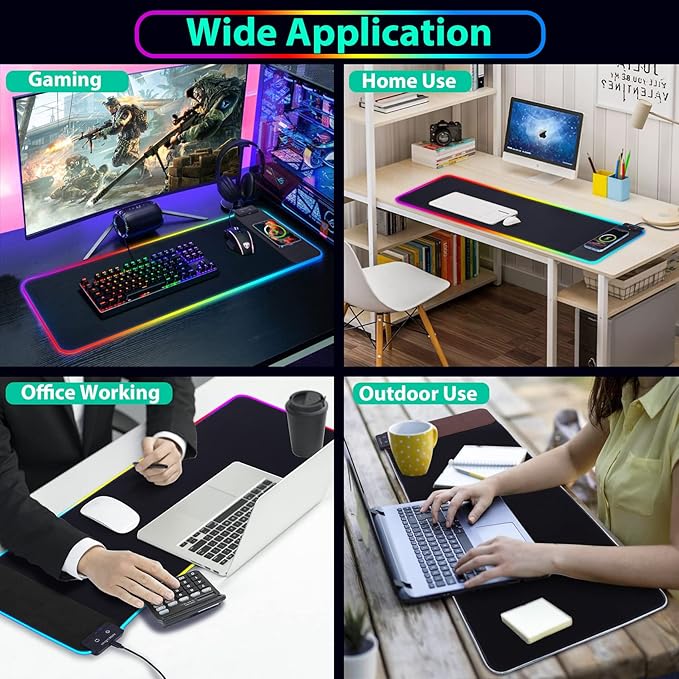 Gaming Mouse Pad Wireless Charging Mouse Pad Gaming 31.5x11.8 Large RGB Desk Mat for Laptop/Computer/Keyboard 9 Light Modes Waterproof Smooth Surface Non-Slip Base Black