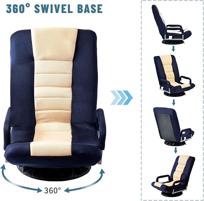 Foldable Floor Gaming Chair Video Gaming Rocker Chair for Adults 360° Swivel Comfort Armrest 7-position adjustable back for TV Reading 330 lbs Support Steel Frame Comfortable Fabrics (Blue+Beige)