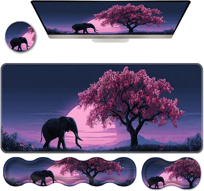 Ergonomic Keyboard Wrist Rest &amp Mouse Pad Wrist Rest SetXL Gaming Desk Mat 31.5x 11.8Non-Slip BaseMemory FoamEasy Typing Pain Relief for Office &amp HomeBlack Elephant Pink Tree