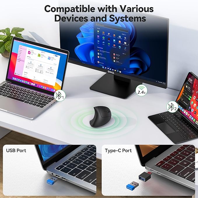 TECKNET Ergonomic Mouse Jiggler Bluetooth Wireless Vertical Mouse 4800 DPI Silent Mouse with 6 Adjustable DPI Levels 2.4GHz (USB A &amp C) Mouse 6 Buttons Computer Mice - Wide Compatibility