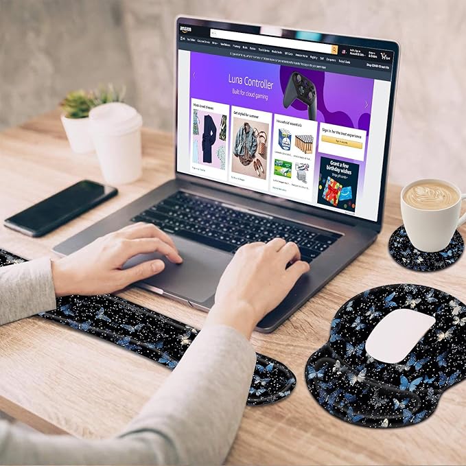 Bxgolkgd Ergonomic Gel Mouse Wrist Rest Pad and Keyboard Pad SetAnti-Slip PU Bottom Easy Typing and Relieve Wrist Pain with Cute Coaster Set (3-Butterfly)