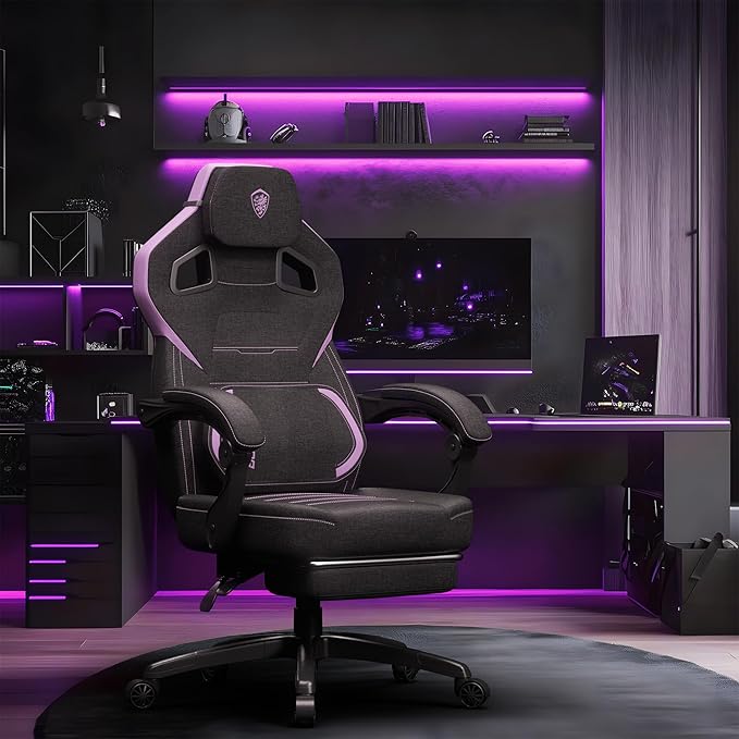 Dowinx Fabric Gaming Chair with Footrest Big and Tall Ergonomic Gamer Chair with Lumbar Support Wide Back Computer Chair for Heavy People Purple