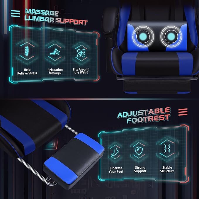 JUMMICO Gaming Chair Ergonomic Computer Chair with Footrest and Massage Lumbar Support Height Adjustable Video Gaming Chair with 360° Swivel Seat and Headrest (Blue)