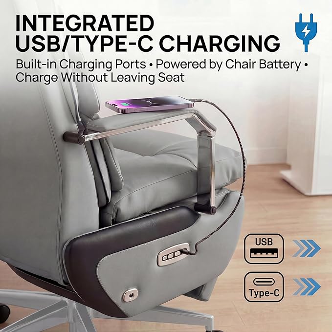 Dual Motor Executive Reclining Office Chair with Footrest – One-Click Electric Recline Massage Lumbar Support &amp Pillow Big and Tall PU Leather Ergonomic Desk Chair for Home Office/Gaming(Gray)