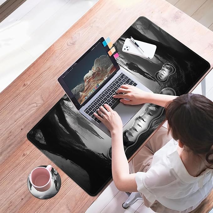 Mouse PadLarge Desk Mat Set 4in1 XL Mousepad + Keyboard Wrist Rest+Mouse Wrist Rest+Coaster with Ergonomic Desk Pad for Home Office Table Computer Cover -Mystical Dark Forest Scene