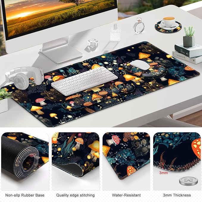 Gaming Mouse Pad Large Desk Mat Cute Desk Pad Protector 4in1 XXL Mousepad + Keyboard Wrist Rest+Mouse Wrist Rest+Coaster Set with Ergonomic Desk Pad for Home Office Table Computer Lovely Mushroom