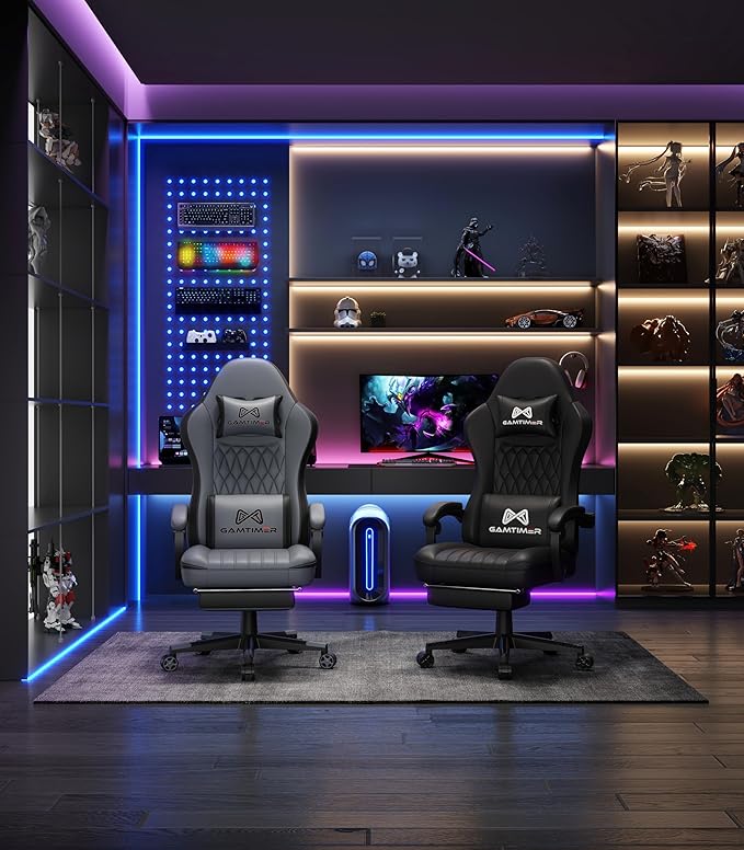 Gaming Chair with Footrest Ergonomic Computer Chair PU Breathable Material with Headrest and Lumbar Support Suitable for Silla Gamer and Adults（Grey