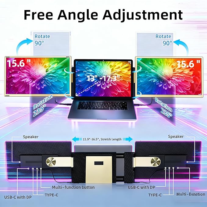 ROYY Laptop Screen Extender Double Monitor - 15.6 Detachable Portable Computer Monitor FHD 1080P IPS 235 Degrees Rotation Extra Screen Compatible with Mac Wins Dex Chrome Fits 13-17 Laptop