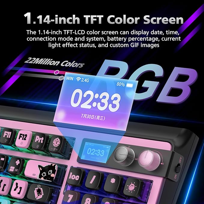H98 Wireless Mechanical Keyboard96-Key Hot-Swappable Wired Gaming KeyboardTri-Mode Bluetooth 5.0 2.4G USB-C1.14 Color ScreenDouble Knob6000mAhRGBPBT Keycaps for PC Mac iPad-Black