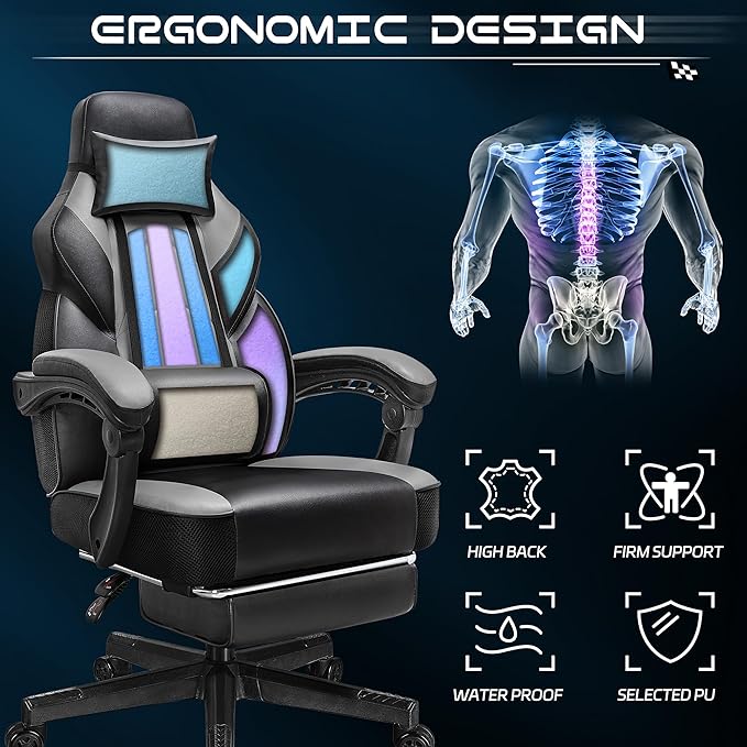 Meilocar Gaming Chair for Adult Computer Chair with Footrest Video Game Chair Big and Tall Gaming Chair with Massage Lumbar Support Adjustable Height and 360° Swivel Seat(Grey)