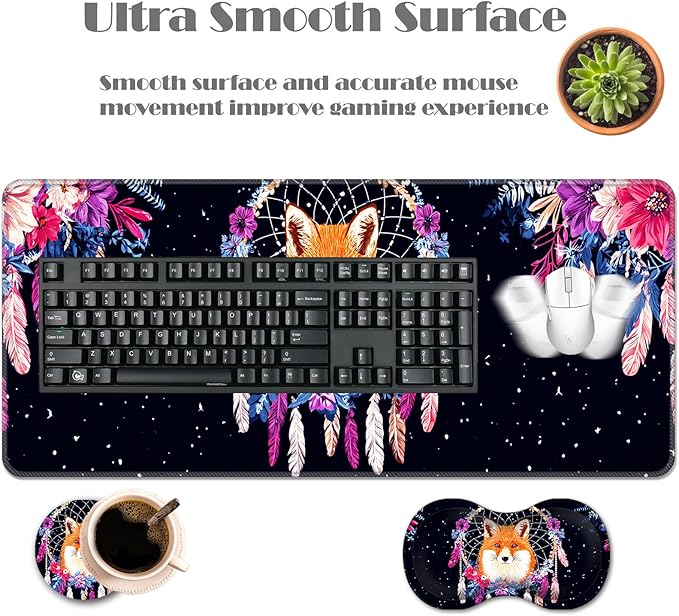 Ergonomic Keyboard Wrist Rest &amp Mouse Pad Wrist Rest SetXL Gaming Desk Mat 31.5x 11.8Non-Slip BaseMemory FoamEasy Typing Pain Relief for Office &amp HomeFox in Floral Dreamcatcher